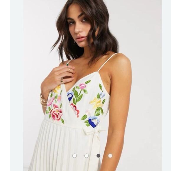 ASOS Women Cream Embroidered Pleated Cami Wrap Midi Dress Size 6 - Picture 3 of 11